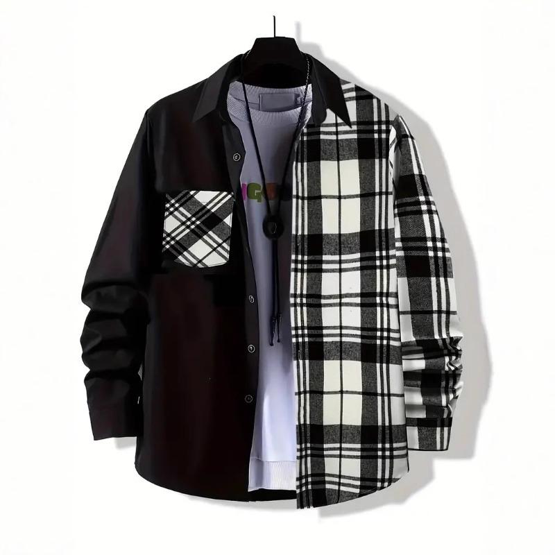 

Новая мужская повседневная рубашка в клетку с длинным рукавом, воротником и цветовыми блоками, для весны и осени S белый