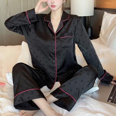 Spring Autumn Love Jacquard Pajamas Women Long Sleeve Simple Casual Home Wear Sexy Nightwear Silk Sleepwear
