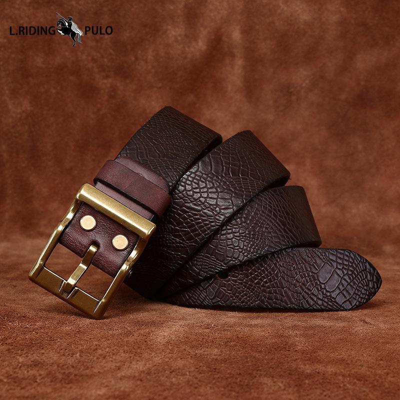Retro Printed Genuine Leather Cowhide Copper Buckle Belt Trendy All-match Casual Jeans Belt