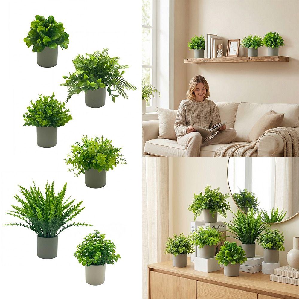 Green Artificial Plant Bonsai Grass Leaves Grey Flowerpot Simulation Plant Flowerpotted Craft Photo Props Faux Potted Decoration