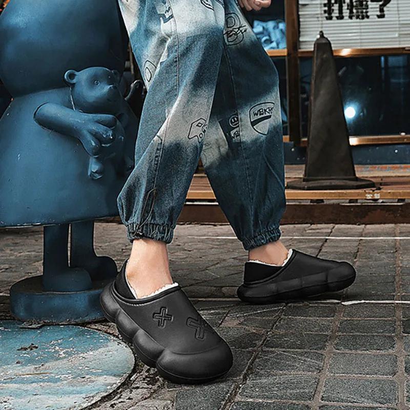 Мужские тапочки зимние большие размеры для дома водонепроницаемые ПВХ большие размеры домашняя обувь хлопковые тапочки для спальни теплые домашние тапочки 35-36 чёрный