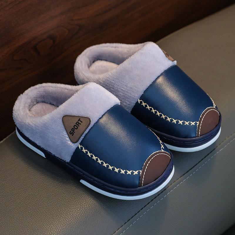 Waterproof Non-Slip Winter Warm Cotton Slippers with Velvet & PU Leather for Men, Women, & Kids