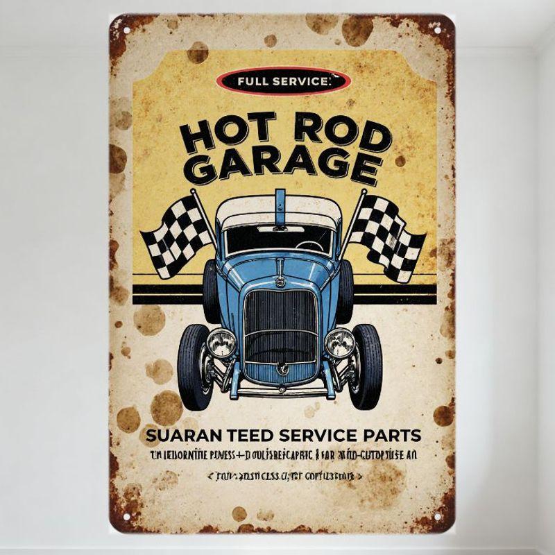 Vintage Hot Rod Garage Full Service Metal Tin Sign, Cartoon Blue Hot Rod with Checkered Flags, Rusty Worn Antique Style Metal Wa 20x30cm(7.8x11.8inch)