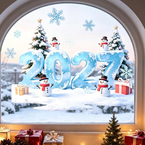 Decorative Glass Stickers 2027 Christmas Winter Window Cling, Static Sticker with Snowman, PVC Tree, Snowfalke, Removable Waterproof Door Decal Decals