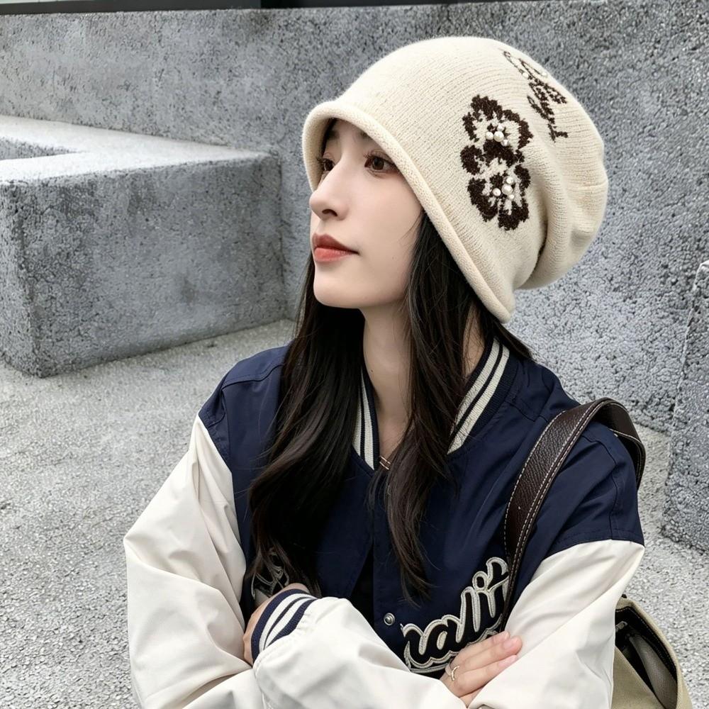 Ear Protection Floral Slouchy Beanie Windproof Fall Winter Cold Hat Jacquard Knit Hat Casual