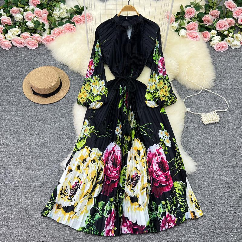 

YYFS Женская мода весна осень цветочный узор принт длинный рукав О-образный вырез высокая талия повседневные платья One size