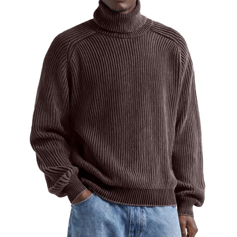 Mens Ribbed Knit Turtleneck Sweater Casual Washed Solid Color Loose Fit Pullover