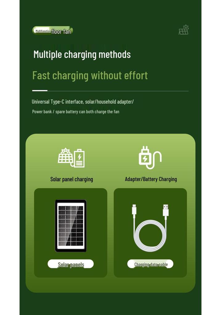 Solar Retractable Floor Fan with USB & LED Lighting for Indoor/Outdoor Use
