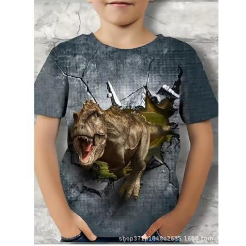 Summer Round Neck 3D Oil Painting Dinosaur Printed Top Fashionable Casual Short Sleeved Children's Boy T-shirts