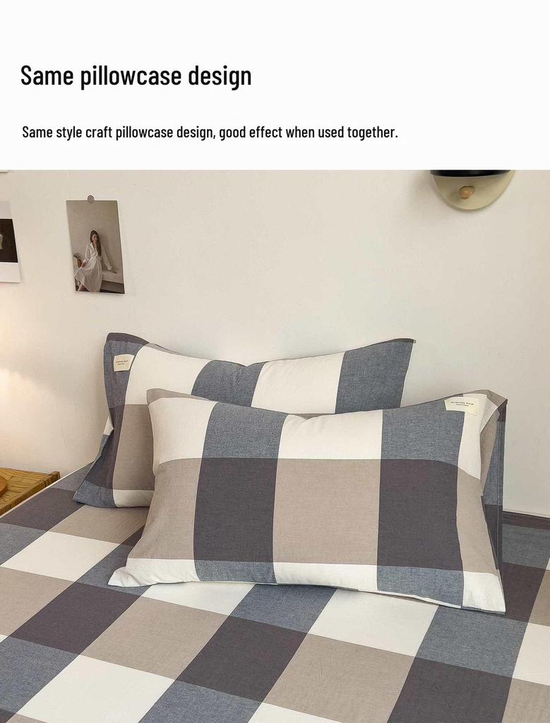 Muji-Inspired Plaid Water-Washed Cotton Duvet Cover Set - Minimalist Brushed Four-Piece Bedding Set