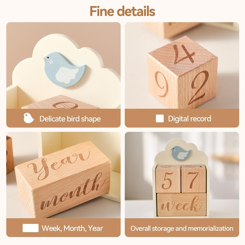 Baby Wood Milestone Photography Accessory Toy Cartoon Bird Time Recorder Box Baby Room Decoration Baby Anniversary Baby Gifts