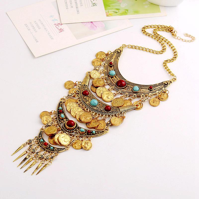 Fashion Retro Ethnic Style Exaggerated Alloy Electroplating Necklace Bohemian Turquoise Wings Fringed Necklace