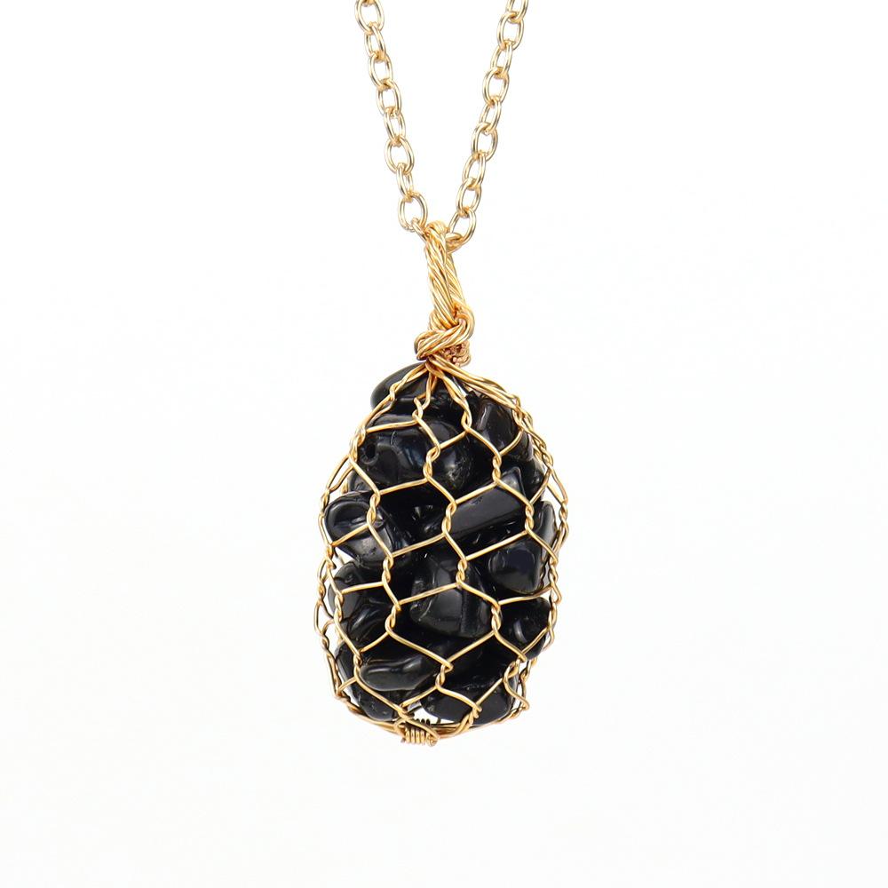 Natural Colorful Crystal Gravel Amethyst Copper Wire Hand-Woven Mesh Pocket Pendant Necklace N657