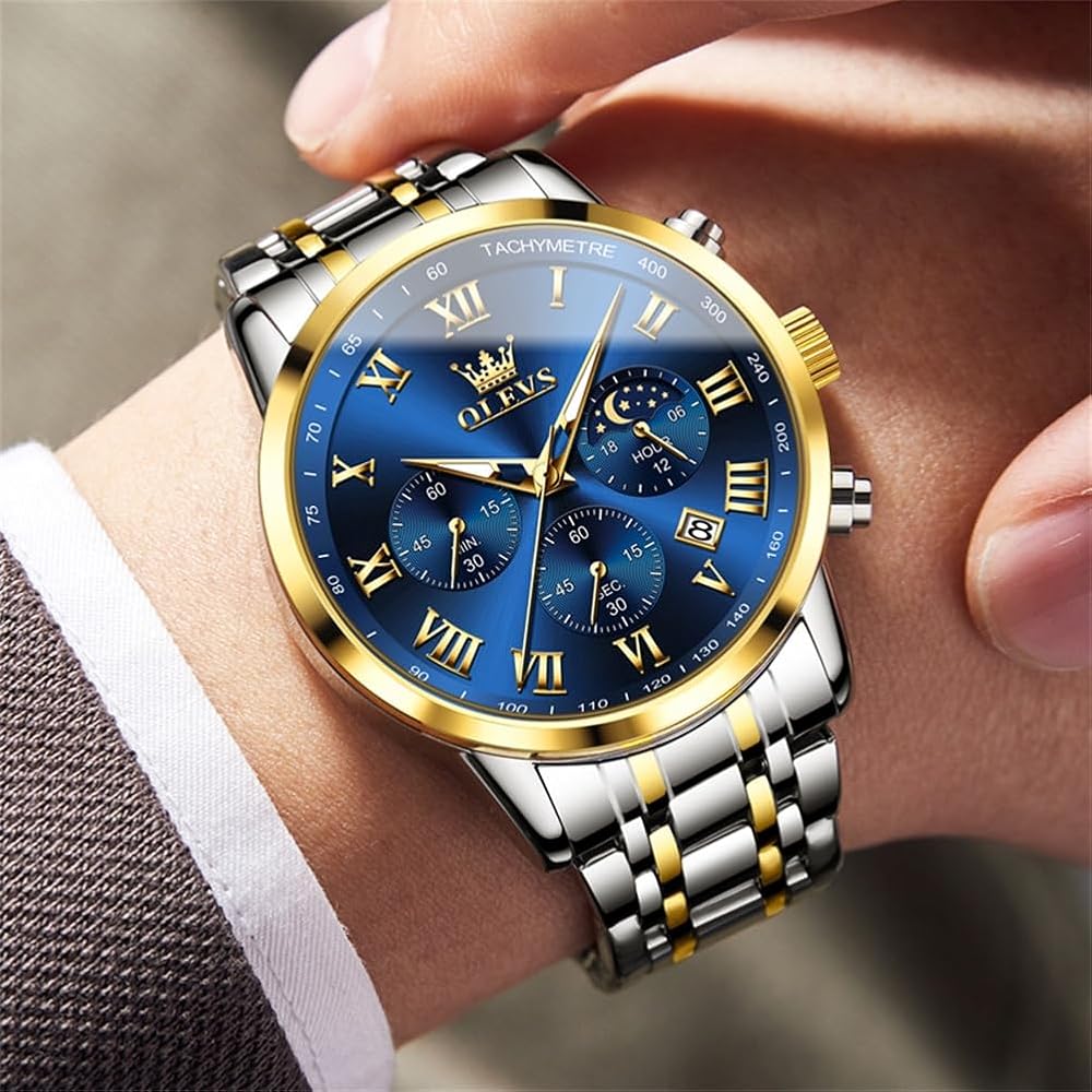 OLEVS Men's Analog Watch Blue Waterproof Stainless Steel Band Date Luminous Fashion Business Classic