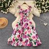 Summer Gorgeous Flower Bow Spaghetti Strap Beach Dress Women V-Neck Floral Print Diamond Buttons A-Line Holiday Party Dress