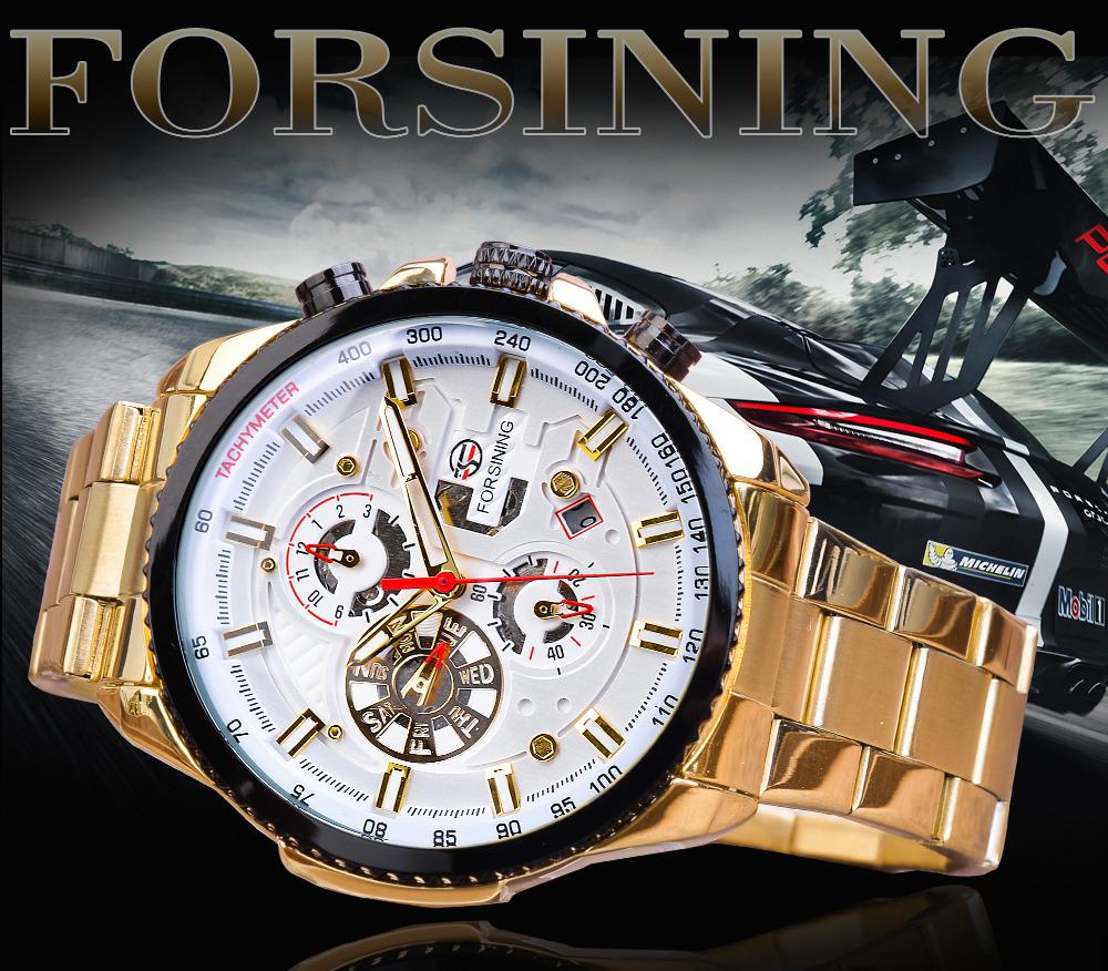 FORSINING Three-Eye Men s Automatic Steel Watch with Multifunctional Calendar.