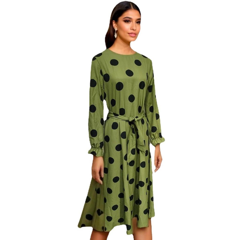 Women's long sleeve round neck polka dot print elegant long dress