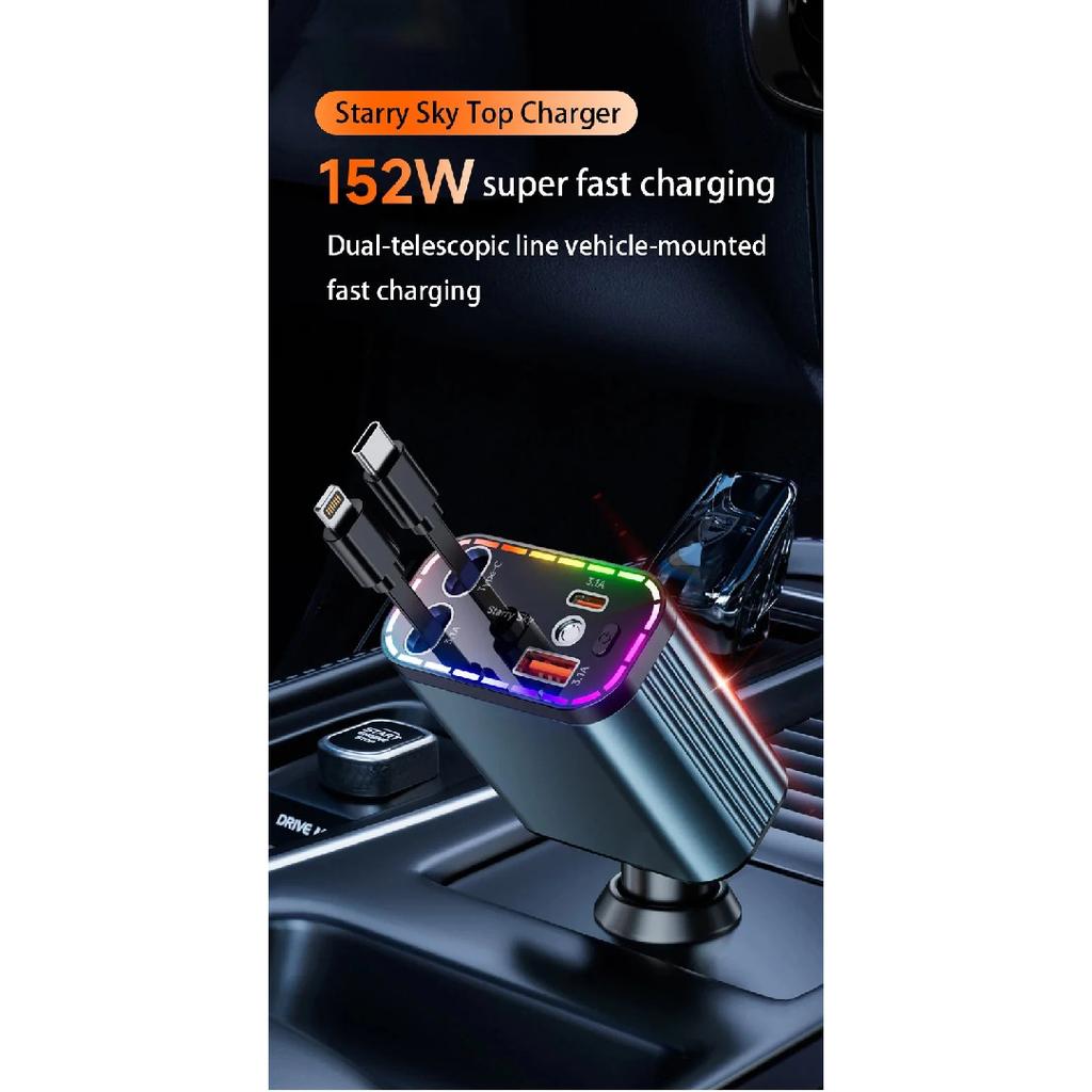 ZRGAE 5 IN 1 Retractable Car Charger 152W Fast Charging Starry Sky LED Lights USB Type-C Power Adapter For iPhone Android