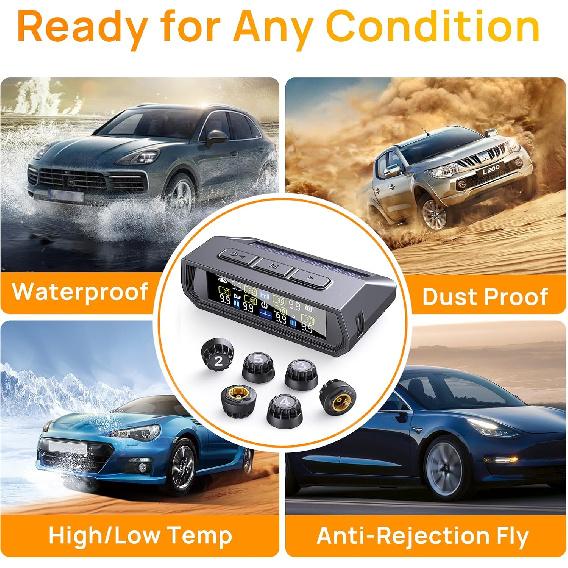 RV Tire Pressure Monitoring System,0-9.9 BAR,144 PSI Tire Pressure Monitor System With Solar Charge, TPMS With 6 Sensors&6 Alarm Modes (6