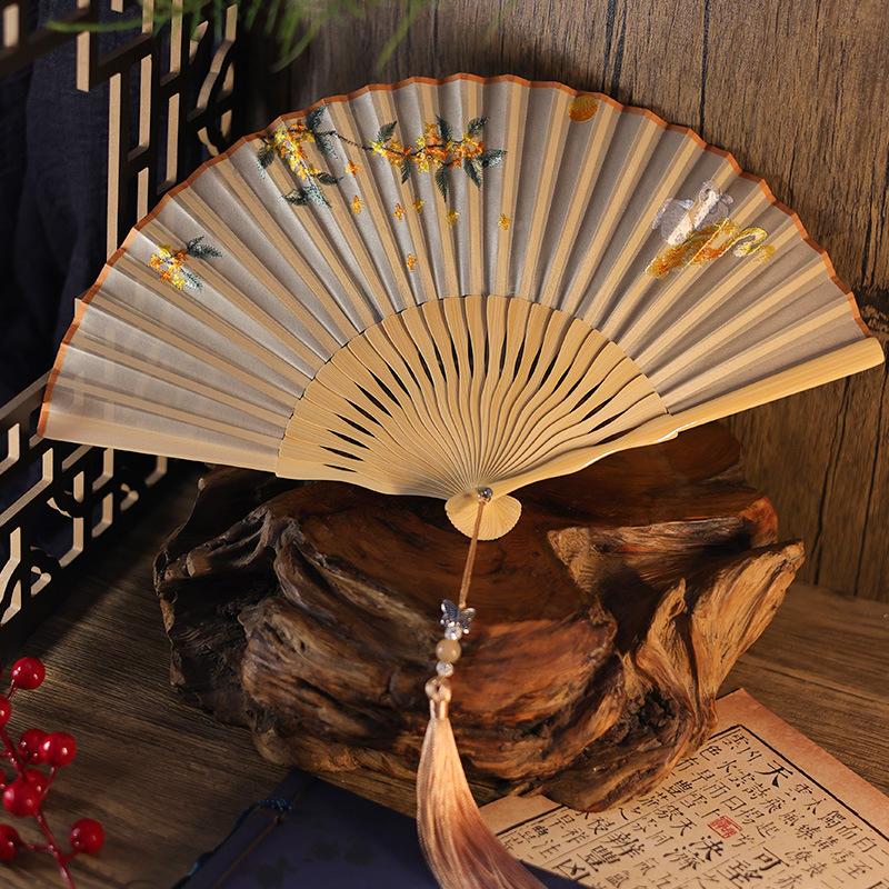 Chinese Style Embroidery Fan Hanfu Cheongsam Show Folding Fan Dance Performance Fan Kungfu Qipao Matching Beautiful Women Fan