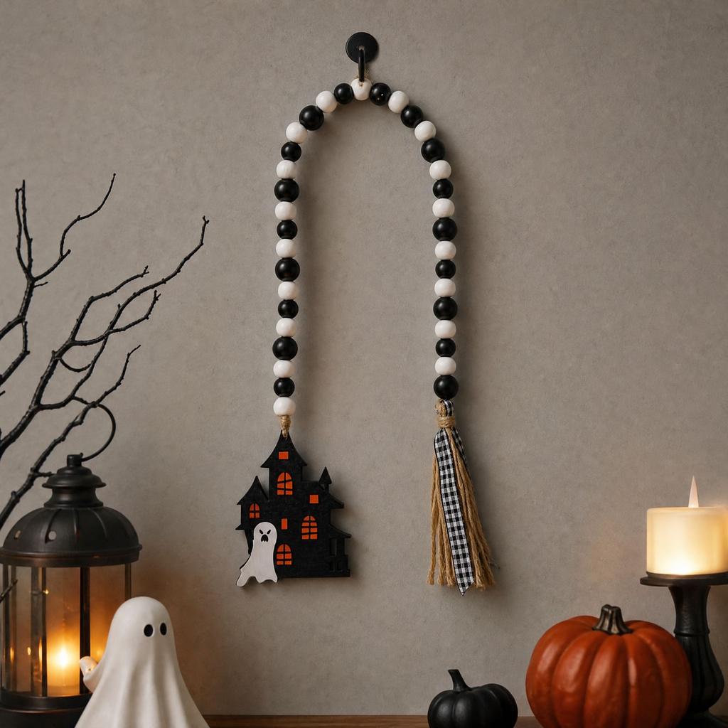 Halloween Wooden Bead Pendant Witch Hanging Ornament for Party Decorations
