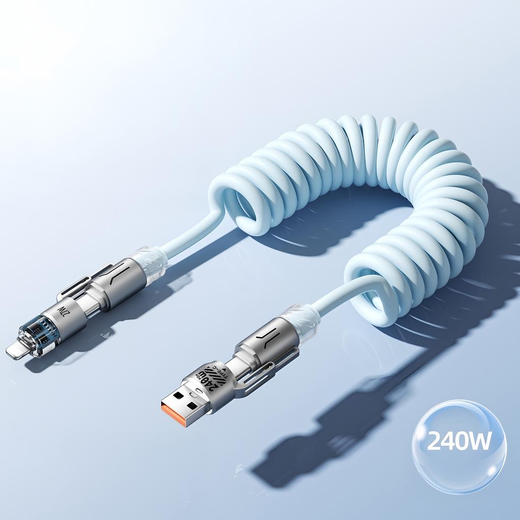 4 in 1 240W Spring Short Data Cable USB Type C Spring Telescopic Quick Charger Wire Spring USB Cable for iPhone 15 14 13 12