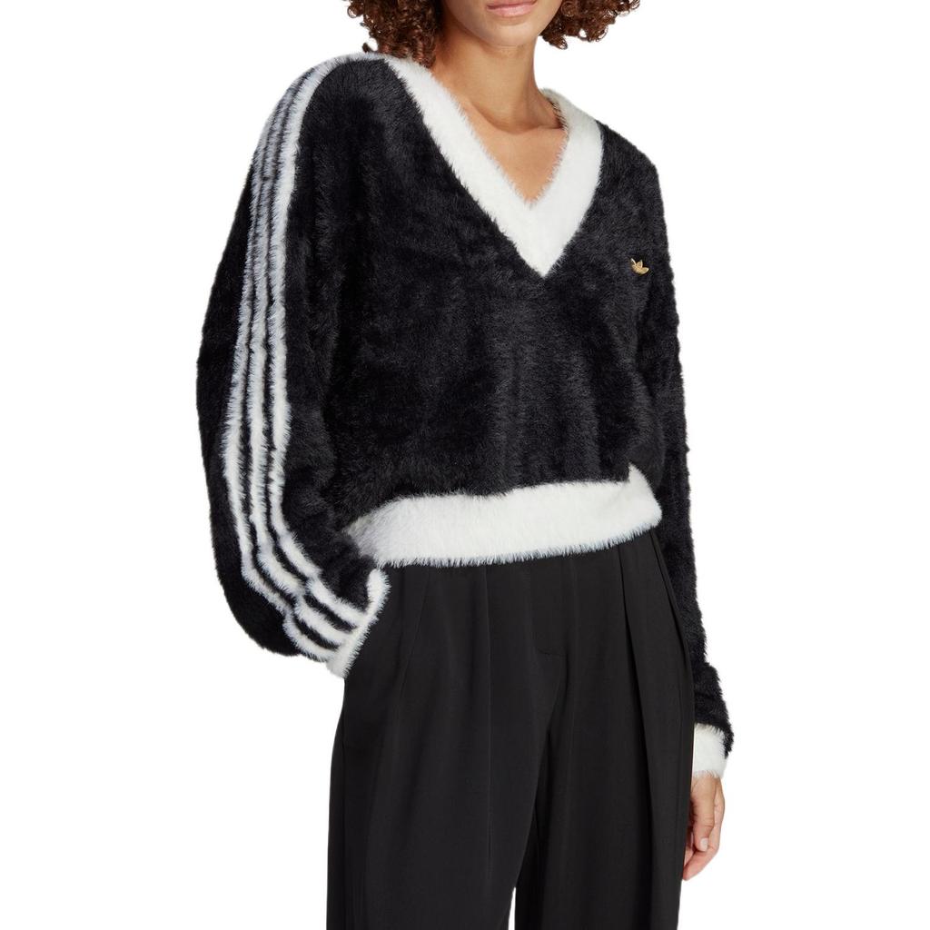 adidas Originals Logo V-Neck Pullover Long Sleeve Knit Sweater Women Sweater Black IC2029