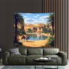 Desert Oasis Tapestry, Camels by Palm Tree Lagoon In Sand Dunes, Exotic Landscape Wall Art for Home Dorm Decor