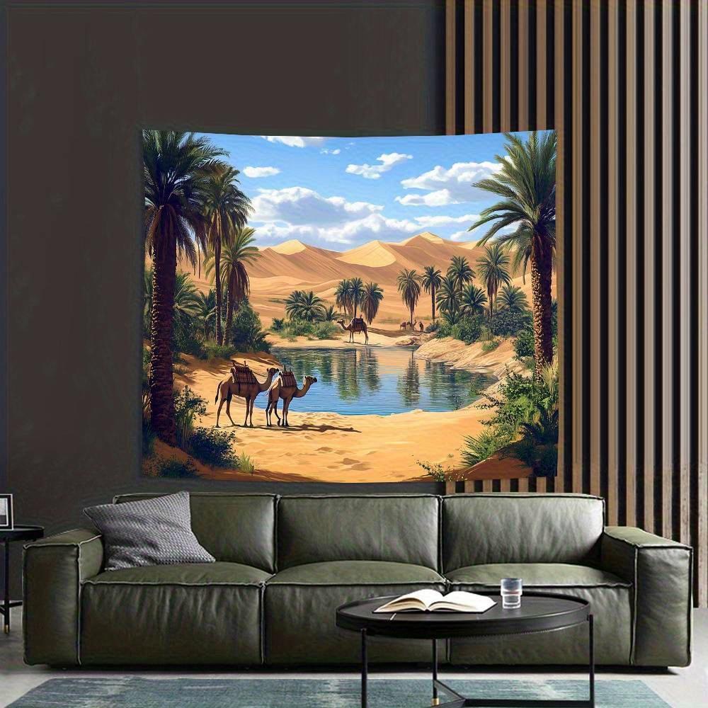 Desert Oasis Tapestry, Camels by Palm Tree Lagoon In Sand Dunes, Exotic Landscape Wall Art for Home Dorm Decor