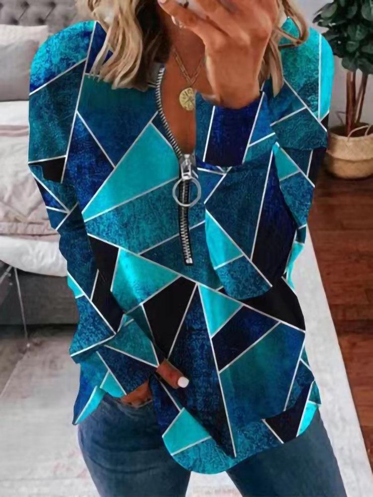 Повседневная женская толстовка с воротником-стойкой застежкой-молнией длинными рукавами свободным кроем и цифровым принтом Модный стиль удобная посадка для повседневной носки XXXL 2230₽