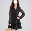 Chique Retro Bloemige Chiffon Jurk: Petite Taille-Ingeknepen Slanke Zwarte Stijl voor Herfst & Winter