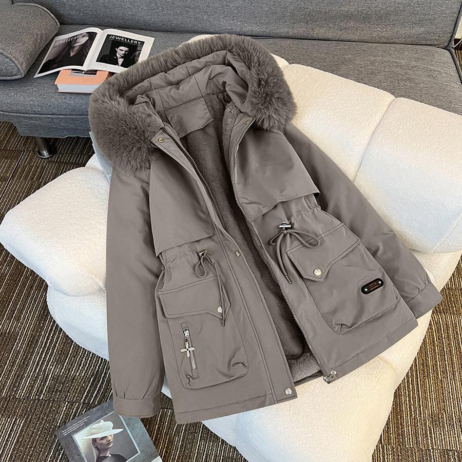 Ladies New Winter Fleece-Lined Coat with Fur Collar Fashion Versatile Outerwear Warm Cotton Jacket