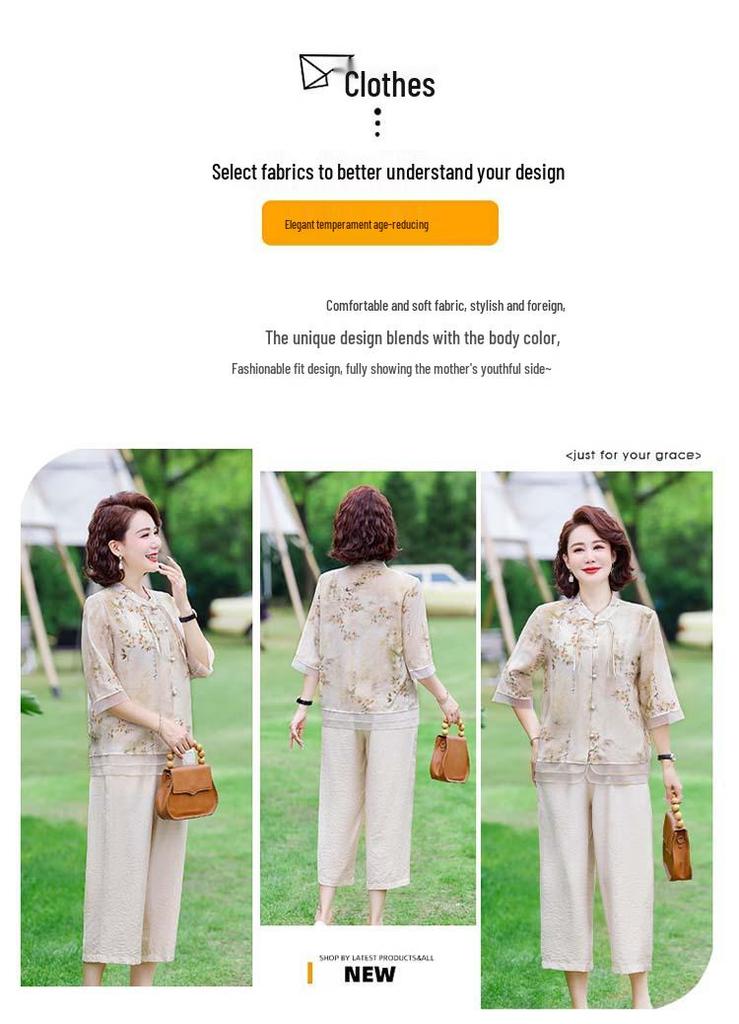 Chinese-Style Cotton Linen Two-Piece Set for Middle-Aged Women - Mid-Sleeve Summer Top