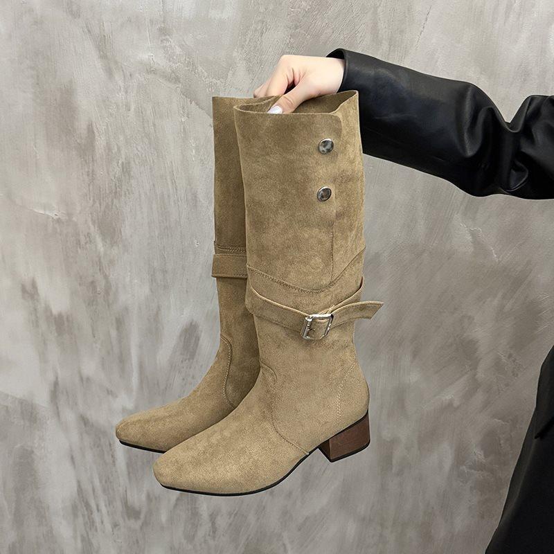 High Heel Pointed Brown Knight Boots Women's Suede Boots Long Boots Medium Tube Pile 2025 Fall Winter Long Boots Skinny