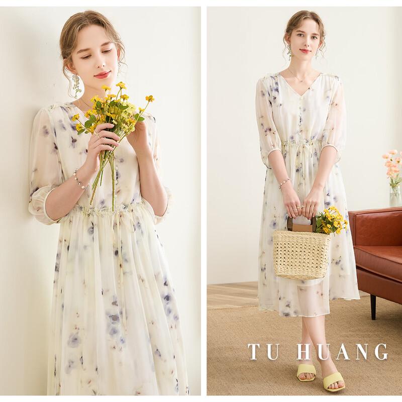 TUHUANG 100% morušové hedvábí V-výstřih Květinové georgette Maxi šaty
