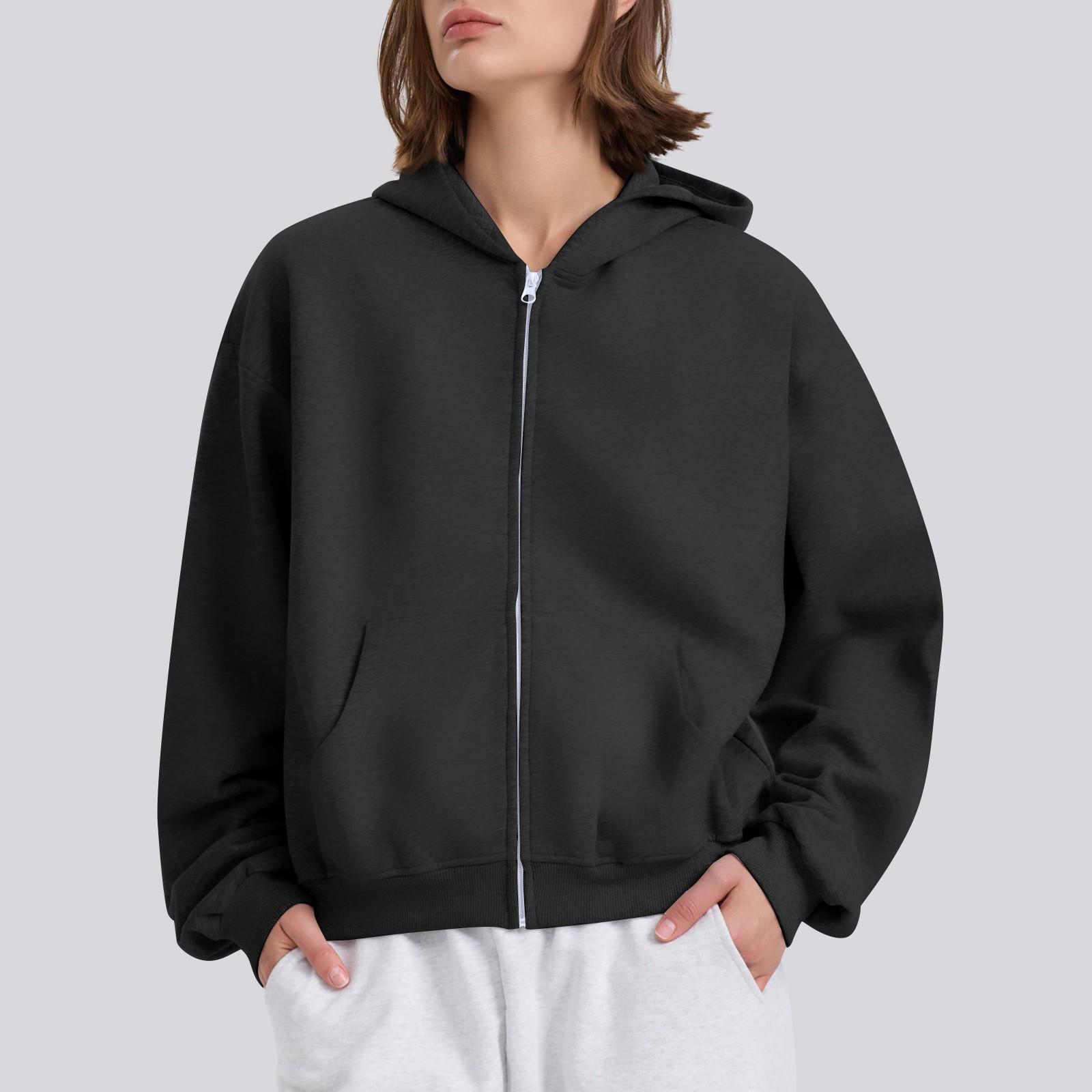 

Женская однотонная свободная толстовка с капюшоном на молнии с длинным рукавом L чёрный