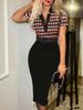 women's Plaid Print V Neck Long Sleeve Bodycon Midi Dress Slim Fitted Pencil Dress With Matching Belt
