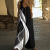 Women's Fashion Casual Button-down Sleeved Jumpsuit Retro Color Block Stitching Printed Cotton Pocket Jumpsuit