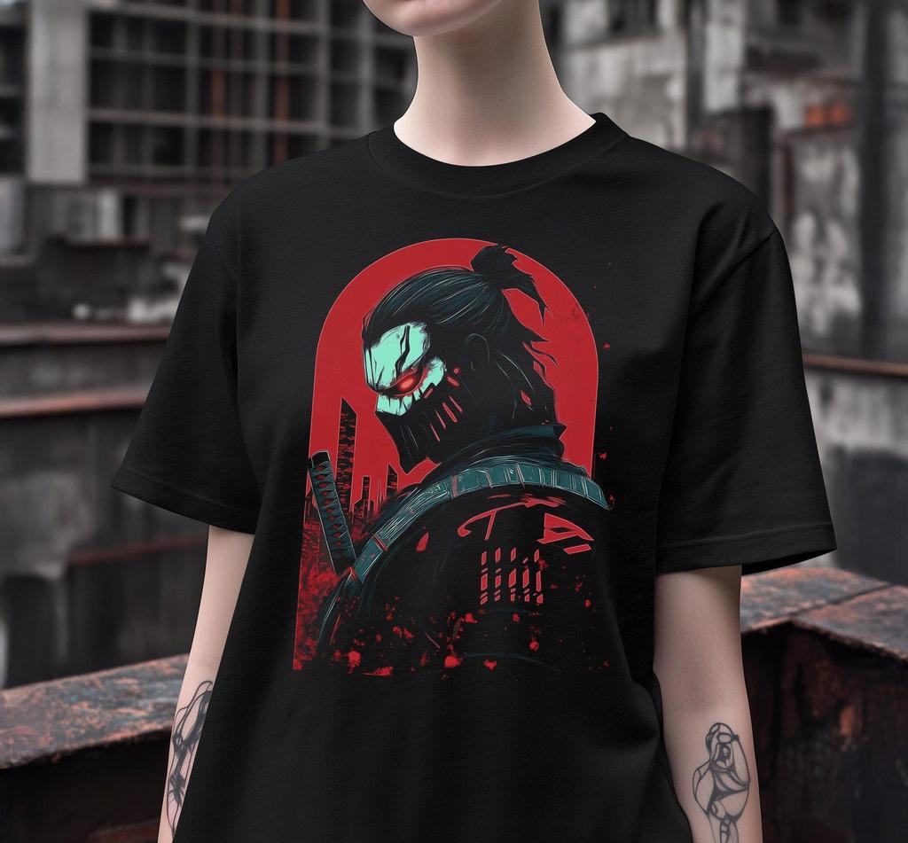 Cyberpunk Samurai Krieger T-Shirt, Neon Flux Trendige Cyber Goth Mode, Retro Ästhetik Cosplay Shirt Leuchtendes Katana Tee