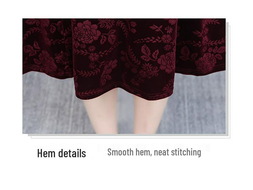 Plus Size Gold Velvet Mid-Length Dress - 2024 Autumn Style for Middle-Aged and Elderly Women