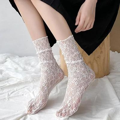 Japan Style Princess Lace Socks Ultra-thin Transparent Summer Hollow Mesh Crew Socks Women Fashion Harajuku Retro Long Socks