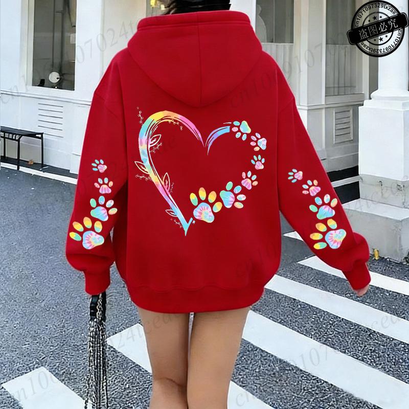 Herz Hundepfote Aufdruck Hoodies Damen Lässig Mode Alleskönner Kapuzenpullover Fleece Warm Neue Pullover Harajuku Trend Kapuzenpullover