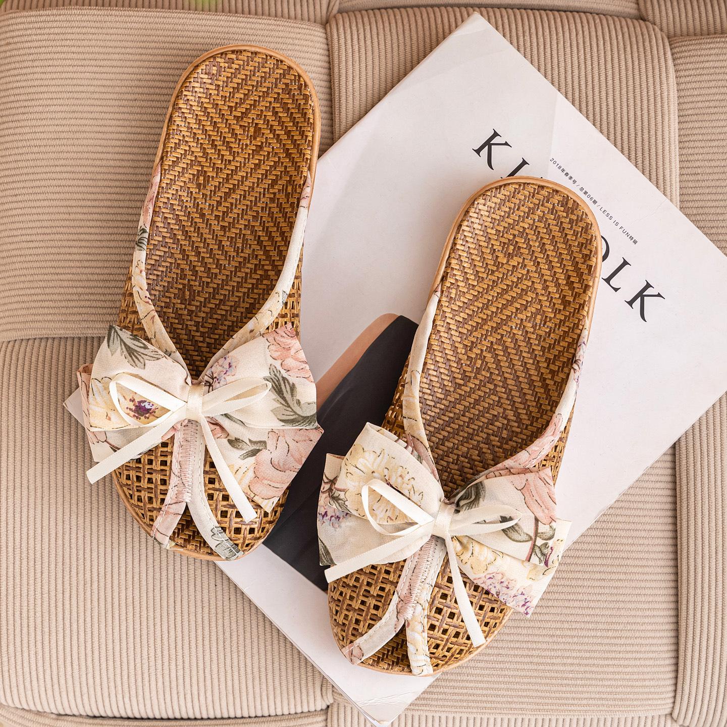 

Bow Tie Rattan Slippers - Cute Korean Style House Slides, Soft Sole Anti-Slip Breathable Indoor Sandals for Summer 35-36 бежевый