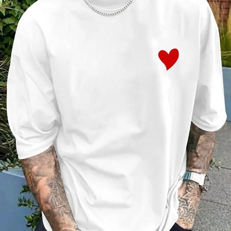 Men's Red Heart Printed 100% Cotton Short-sleeved Casual Top Is Fashionable