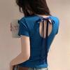 Front Shoulder Blue Hollow Back T-Shirt Women's Summer Short Sleeve Bow Design Sense Spice Girl Style Top