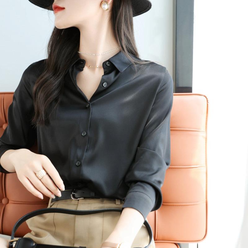 Mote Uformelt kontor Dame satengskjorte Løse lange ermede topper Solid Plus Size Damebluser Elegant Button Up Vintage Enkle Dameskjorter 25678