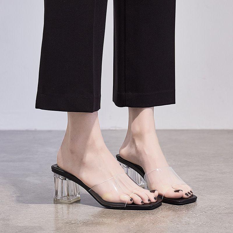 Transparent Slippers Women's Summer Wear High Heels Women's 2025 New Square Head Silver One-word Crystal Fashion Sandals Thick Heel