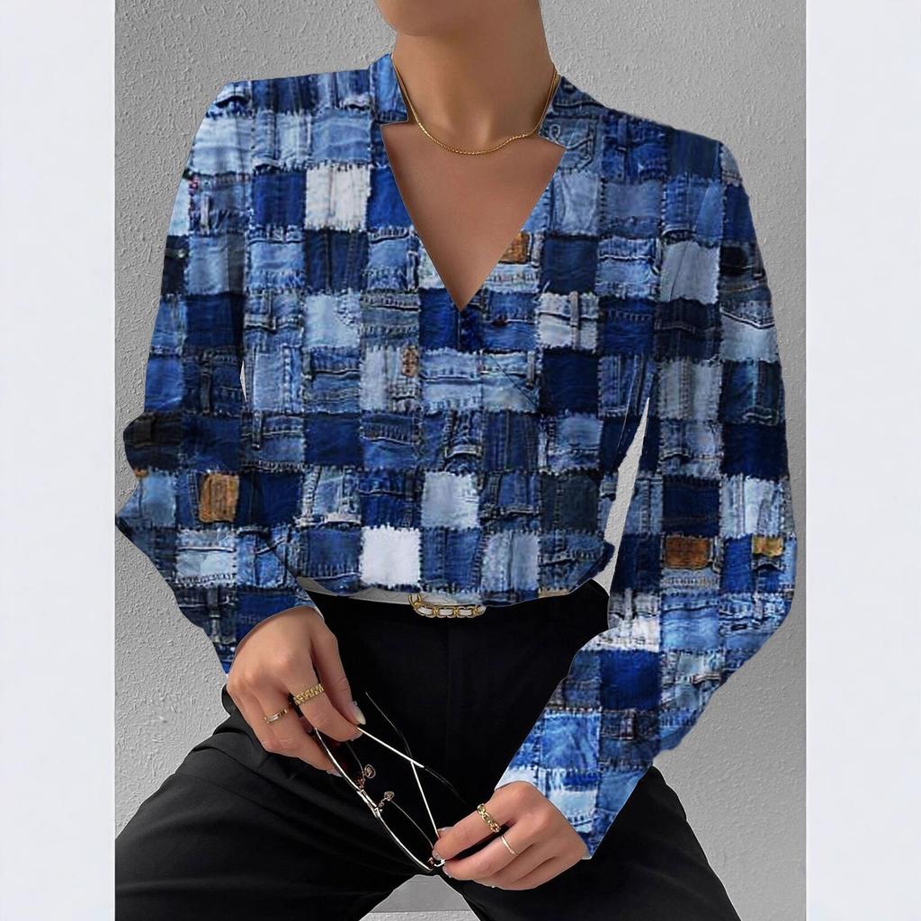 Autumn new product long-sleeved V-neck splicing shirt shirt women