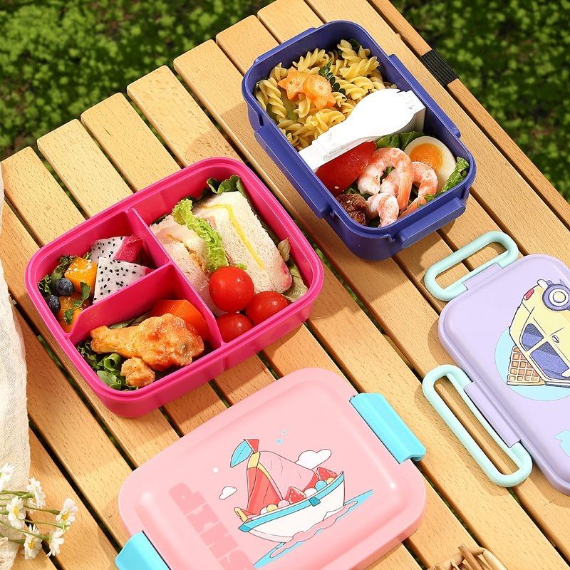 Three Compartment Plastic Lunch Box, Portable Lunch Box, Microwave Heatable Cartoon Lunch Box