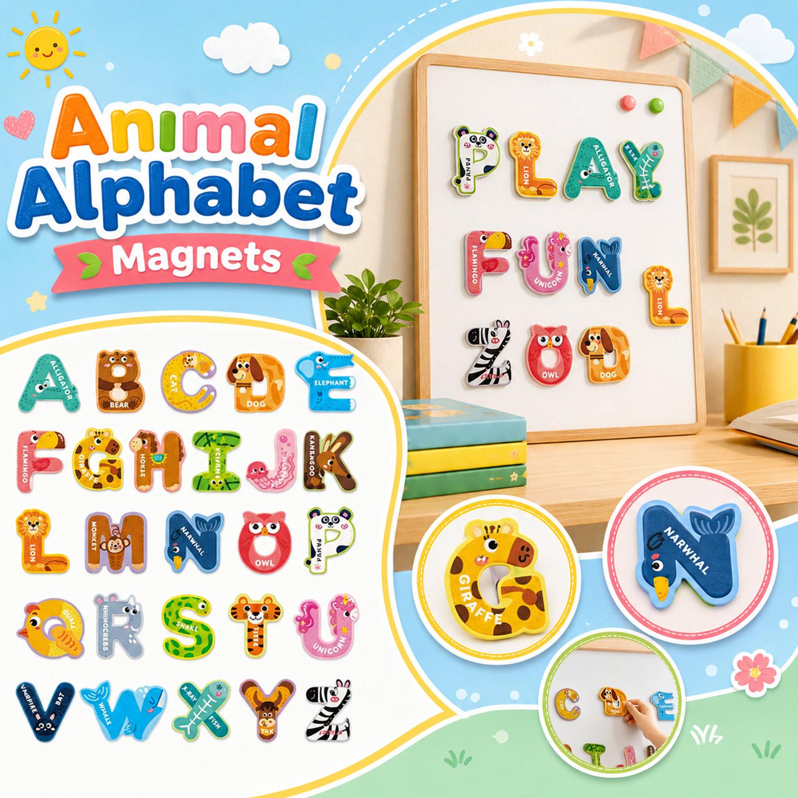 Magnetic Alphabet Letters Set for Preschool Learning Educational Toys Large Fridge Magnets Suitable for Spelling Games 26 Animal Letter Magnets One Size
